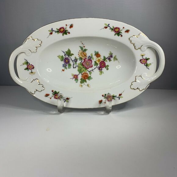 Unmarked Other - Vintage Oval Serving Bowl Bohemia Czecho Slovakia Floral Gold Trim Cottagecore